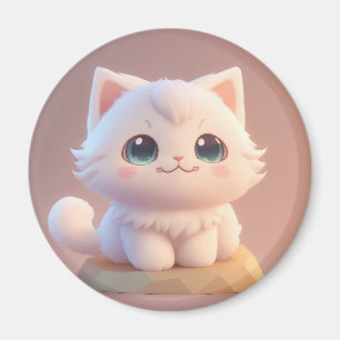 Aimant Joli Chat Blanc Fluffy aux Grands Yeux
