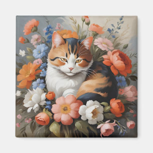 Aimant Joli chat calico et fleurs