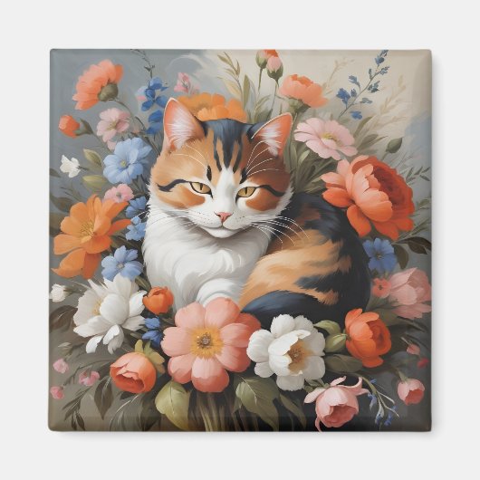 Aimant Joli chat calico et fleurs (Devant)