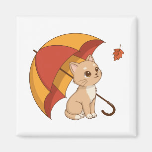 Aimant Joli Chat Chaton Rouge Jaune Parapluie Automne