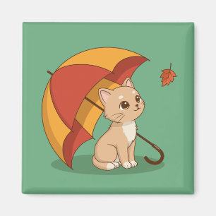 Aimant Joli Chat Chaton Rouge Jaune Parapluie Automne Ver