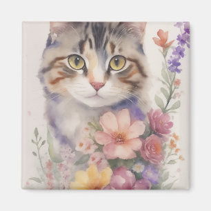 Aimant Joli Chat Floral Aquarelle