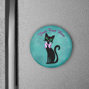 Aimant Joli chat noir assis Rose Arc-en-ciel Yeux Verts T