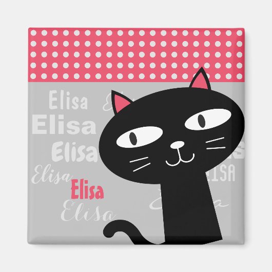 Aimant Joli chat points roses personnalisé nom (Devant)