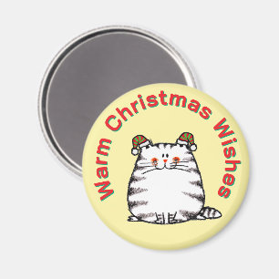 Aimant Joli Chat Rond Deux Chapeaux de Noël Vœux Chaleure