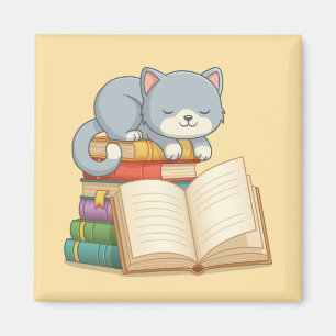 Aimant Joli chat sur une pile de livres jaune