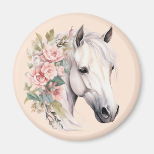 Aimant Joli Cheval Blanc Fleurs Roses Élégant Fantaisiste