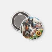 Aimant Joli Cheval Pinto Brown et Blanc sur ferme rustiqu (Recto/Verso)