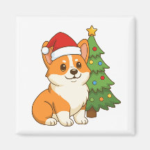 Joli chien Corgi avec un chapeau rouge et un sapin