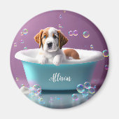 Aimant Joli chiot dans une baignoire avec bulles de savon (Devant)