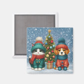Aimant Joli chiot et petit chat de Noël (Recto/Verso)