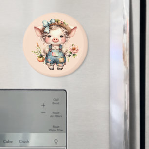 Aimant Joli cochon Farmcore en salopette avec des fleurs