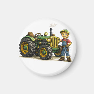 Aimant Joli Garçon Fermier Avec Art de Tracteur Vert Vint