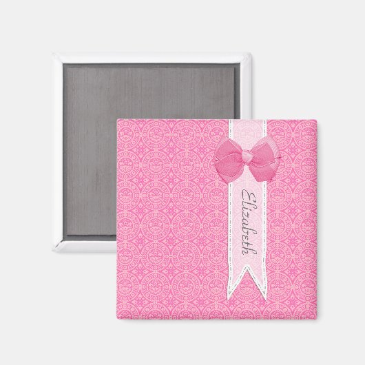 Aimant Joli Médaillon rose Damask Mignonne Bow avec nom (Recto/Verso)