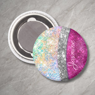 Aimant Joli monogramme iridescent rose argent faux paille