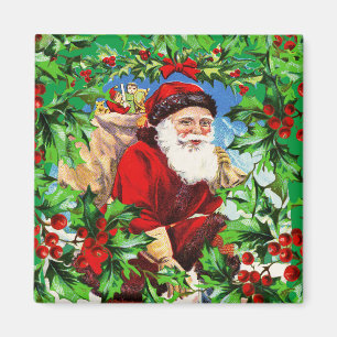 Aimant Joli Noël vintage Santa Père Noël houx