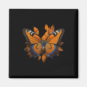 Aimant Joli Papillon Bleu Et Orange Avec Des Feuilles D'a