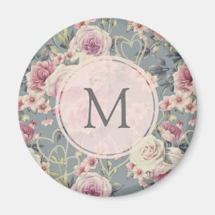 Aimant Joli rose floral et perles Monogramme fille