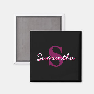 Aimant Joli script de monogramme rose et noir personnalis