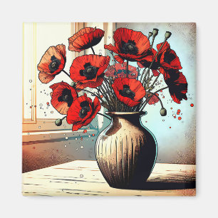 Aimant Joli Vase de Red Poppies ai art