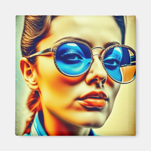 Aimant Jolie Dame avec Lunettes de soleil Bleues avec Réf (Devant)