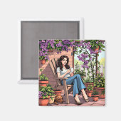 Aimant Jolie Dame Boire Du Café Relaxant Dehors (Recto/Verso)