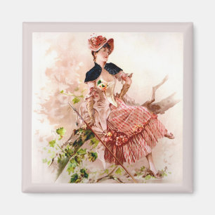 Aimant Jolie Dame Vintage En Robe Rose