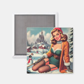 Aimant Jolie épinglette rétro hiver pin-up (Recto/Verso)