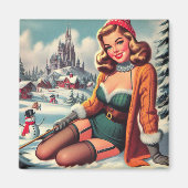 Aimant Jolie épinglette rétro hiver pin-up (Devant)