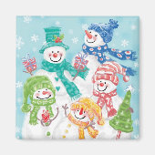 Aimant Jolie famille des neigeurs de Noël dans la neige (Devant)