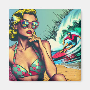 Aimant Jolie femme blonde rétro et mec surfeur