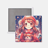 Aimant Jolie fille Anime avec chiot et bouffées d'oreille (Recto/Verso)