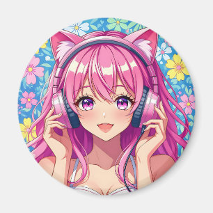 Aimant Jolie Fille Anime Rose avec Écouteurs
