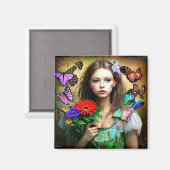 Aimant Jolie fille aux fleurs rouges et papillons (Recto/Verso)