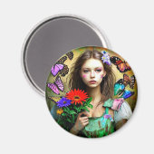 Aimant Jolie fille aux fleurs rouges et papillons (Recto/Verso)