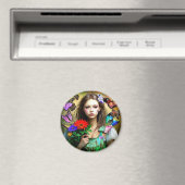 Aimant Jolie fille aux fleurs rouges et papillons (In Situ (Lave-vaisselle))