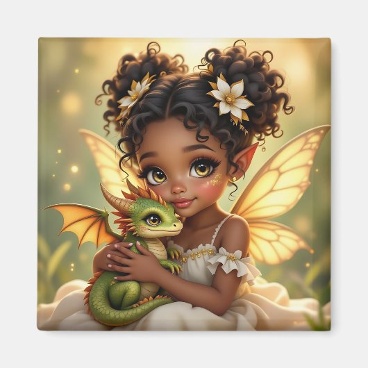 Aimant Jolie Fille Fée d'Anime et Dragon Chibi (Devant)