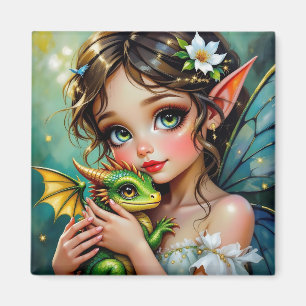 Aimant Jolie fille thème fée et dragon