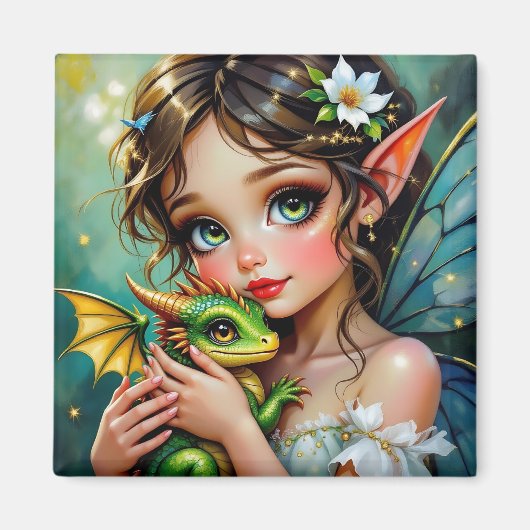 Aimant Jolie fille thème fée et dragon   (Devant)
