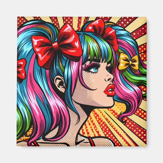 Aimant Jolie Pop Art Comic Girl with Bows (Devant)