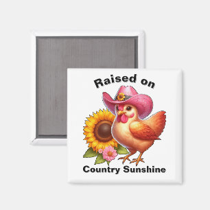 Aimant Jolie poule en chapeau rose avec grand tournesol b