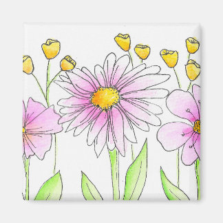 Aimant Jolies fleurs aquarelles roses et jaunes