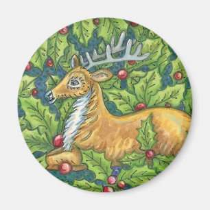 Aimant Jolis rennes de Noël dans la forêt avec du houx