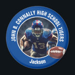 Aimant Joueur de football du lycée bleu photo<br><div class="desc">Ce cool a customisé en bleu un aimant photo de joueur de football de lycée avec typographie blanche de votre équipe et nom du joueur. Personnalisez avec votre nom d'athlète à côté de la balle.</div>