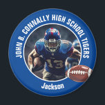 Aimant Joueur de football du lycée bleu photo<br><div class="desc">Ce cool a customisé en bleu un aimant photo de joueur de football de lycée avec typographie blanche de votre équipe et nom du joueur. Personnalisez avec votre nom d'athlète à côté de la balle.</div>