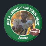 Aimant Joueur de football du lycée Vert<br><div class="desc">Ce cool a customisé l'aimant de l'esprit de football du secondaire en vert caractéristiques typographie blanche de votre équipe et nom du joueur. Personnalisez avec votre nom d'athlète à côté de la balle.</div>