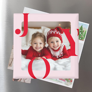 Aimant JOY   Cadeau photo moderne rouge et rose de Noël