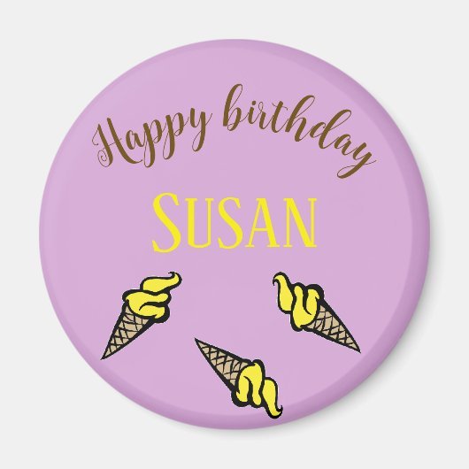 Aimant Joyeuse crème glacée jaune d'anniversaire sur viol (Devant)