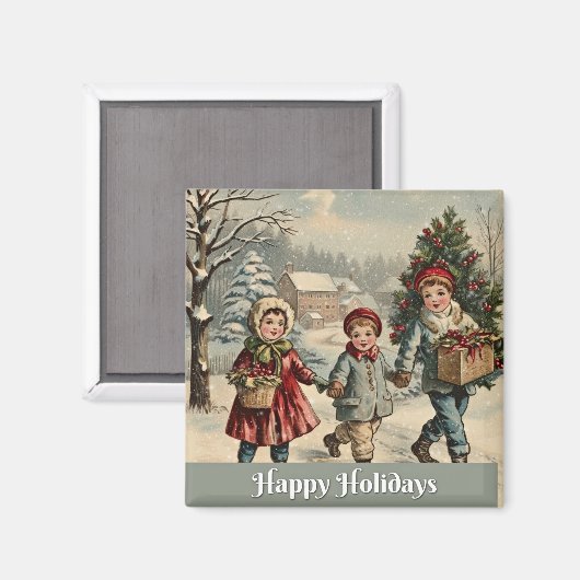 Aimant Joyeuses fêtes, illustration vintage, (Recto/Verso)