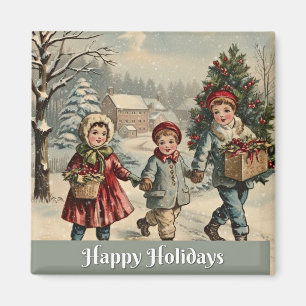 Aimant Joyeuses fêtes, illustration vintage,